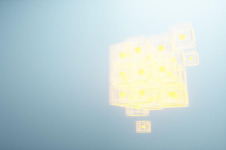 Photo 創意新光區塊概念背景加密學人工智能的學習能力神經網絡全息區塊被組裝成一個陣列 3d 插圖3d 渲染