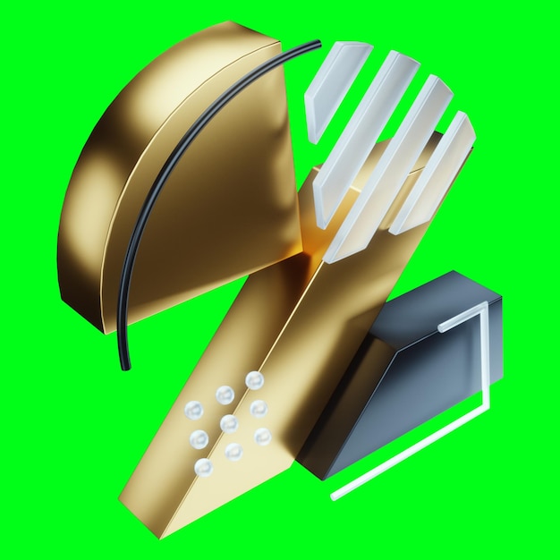 緑の背景にクリエイティブな数字の2番目の分離モダンなデザインの雑誌スタイルの黒と金のデザイン豪華な等角投影3D3Dレンダリング3Dイラスト