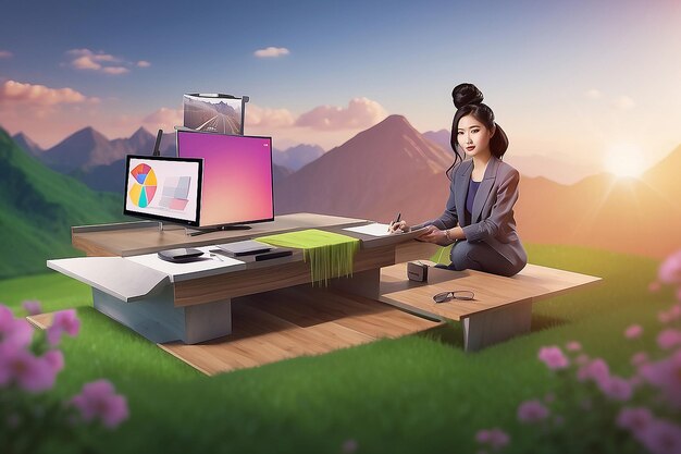 Creative Office Meeting Portrait of Beautiful Asian Female Project Manager Presenting Goals For Marketing Strategy Uses TV Set with Data Analysis