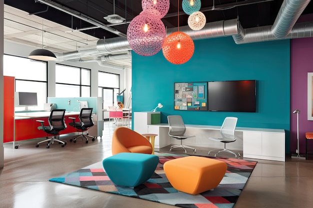 Креативное офисное пространство с нетрадиционной мебелью и яркими цветами, созданное с помощью генеративного искусственного интеллекта