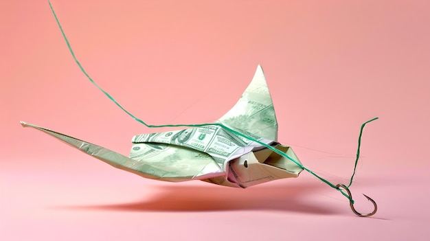 Фото Креативная скульптура origami crane, сделанная из долларовой купюры на розовом фоне ai concept art ai