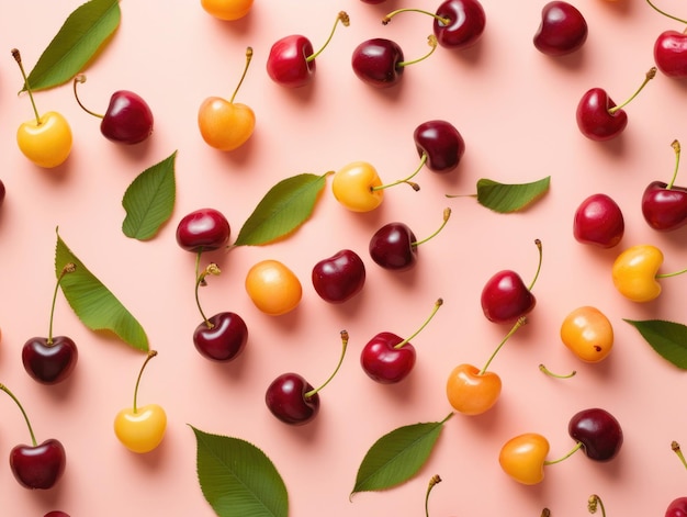 Creative pattern made of ripe cherries and green leaves on color background