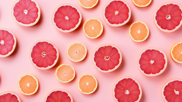 Creative pattern made of sliced grapefruits on pink background Flat lay top view