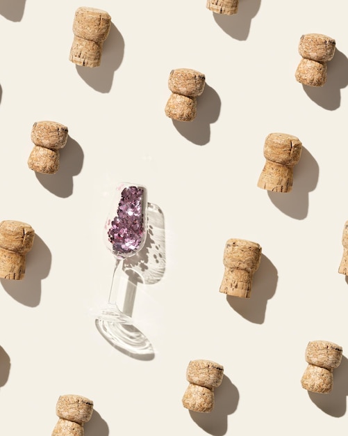 베이지색 배경에 스파클이 있는 샴페인 코르크와 축제 와인 잔을 사용한 창의적인 패턴
