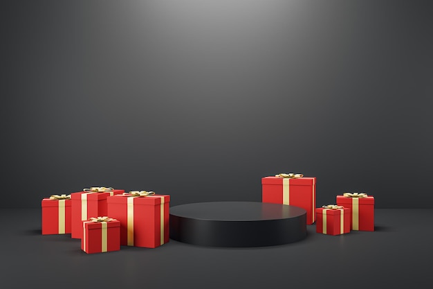 Creative pedestal surrounded with red christmas present boxes\
on dark background with mock up place holiday celebration gift\
purchase and commercial design concept 3d rendering