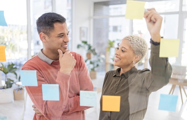 Creative people planning schedule and smile for team strategy in brainstorming on glass wall at office Happy man and woman employees in project plan tasks and post it for sticky note or startup