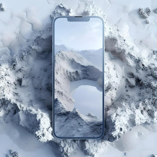 Creative phone concept blending nature and technology snowy mountain scenery through a smartphone frame modern design conceptual art AI