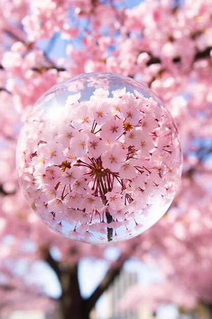 A creative photo of cherry blossoms through the lens of a crystal ball