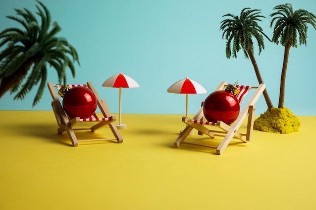 창의적인 사진 - 해변의 일광욕 의자에서 일광욕을 하는 크리스마스 공