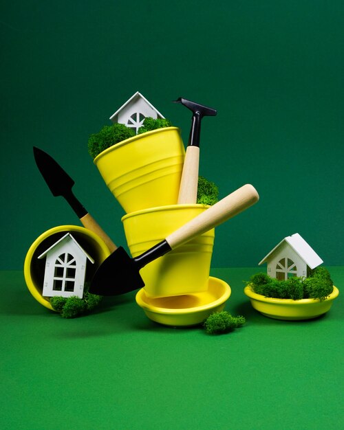 Креативное фото на зеленом фоне с желтыми цветочными горшками и садовыми инструментами
