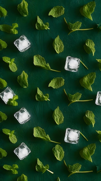 Креативная фотография листьев мяты с квадратными кубиками льда Вертикальные мобильные обои