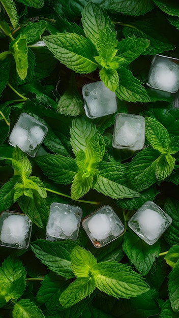 사각형 얼음 큐브와 함께 민트 잎의 창의적인 사진 수직 모바일 벽지