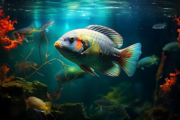 Photo creative photoshoot of fish flowers and aquatic plants aqua beauty shoot clean water large 4096px
