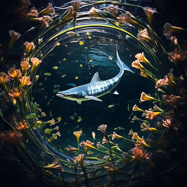 사진 물고기 꽃과 수생 식물의 크리에이티브 포토 아쿠아 뷰티  깨한 물 크기 4096px