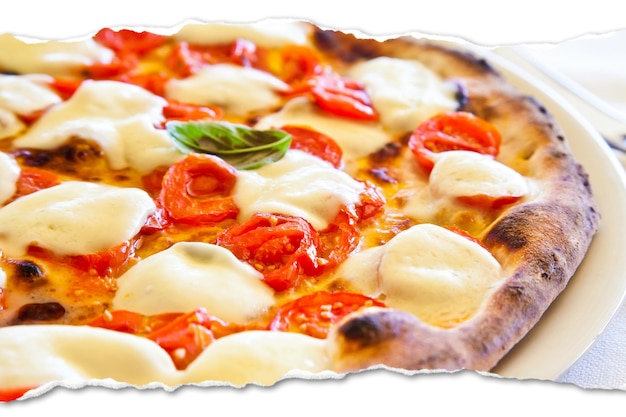 Creative picture of Pizza Margherita with Mozzarella cheese basil and tomatoes