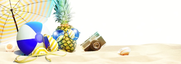 Creative pineapple with sunglasses on summer background.