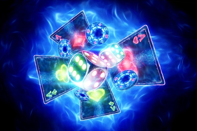 Creative casino background, playing cards and dice neon on a dark  background. Gambling concept, leaflet, flyer, header for the site. 3D  illustration, 3D rendering. | Premium Photo