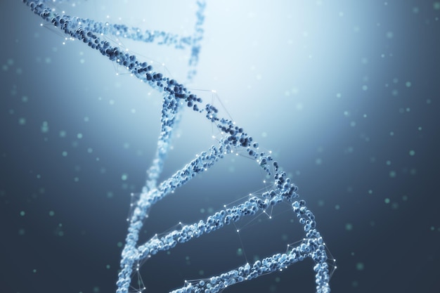Креативная полигональная спираль ДНК человека на сером фоне Биология и генная концепция 3D рендеринга