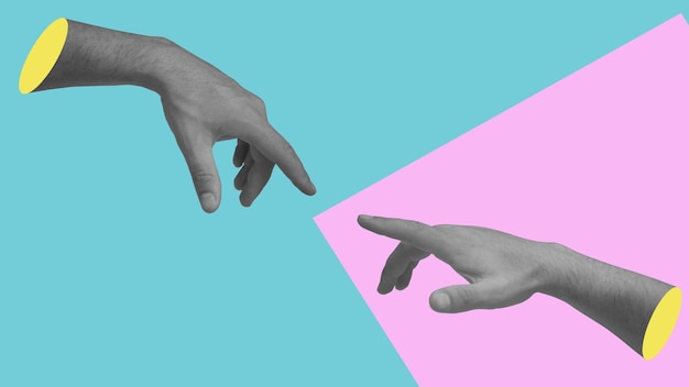 Creative pop art collage. two black and white hands touch with\
fingers on pink and blue background