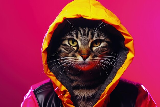 Creative portrait of adorable cat in balaclava isolated on neon background inspirational art pets an