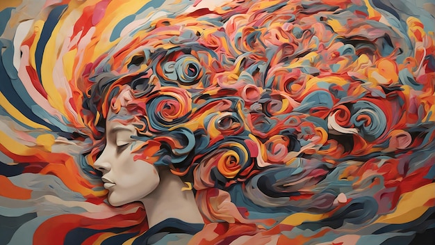 Creative portrait concept of imagination thoughts state of mind abstract colourful painting woman