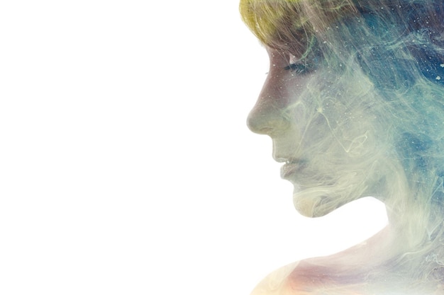creative portrait female universe inner peace zen recreation harmony balance double exposure glitter