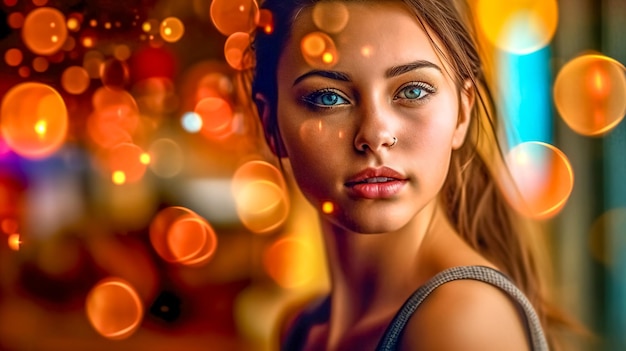 creative portrait of a young attractive woman in the city with a bokeh effect in the background copy space made with Generative AI