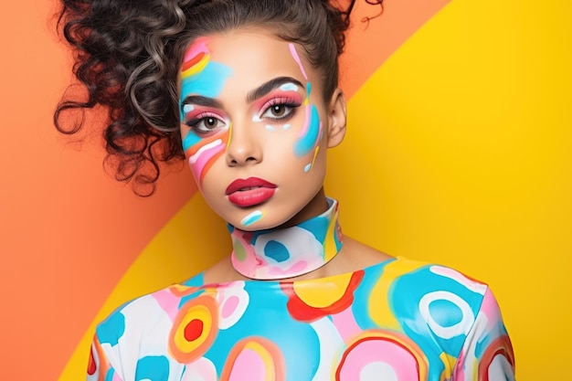 Creative portrait of a young Spanish girl with art makeup on a colorful background