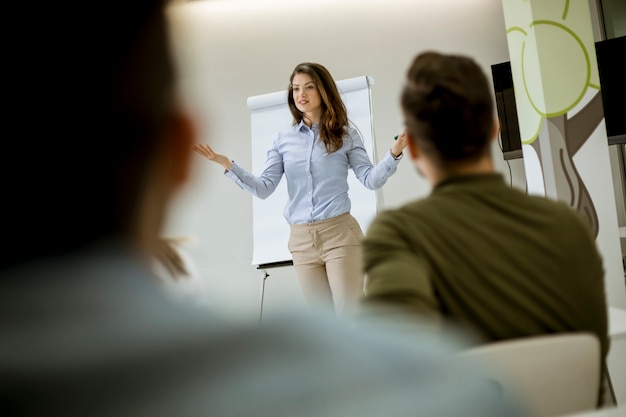 Creative positive female leader talking about business plan with students during workshop