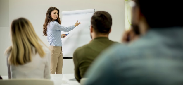 Creative positive female leader talking about business plan with students during workshop