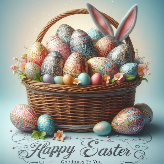 creative poster for easter eggs with a basket of easter eggs happy eater day theme