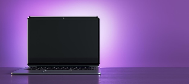 Foto posto di lavoro di design viola creativo con rendering 3d del display del laptop mock up nero vuoto