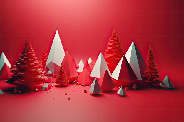 Photo creative red design of party background with christmas tree template for advertising web social media and fashion ads poster flyer greeting card ai generative