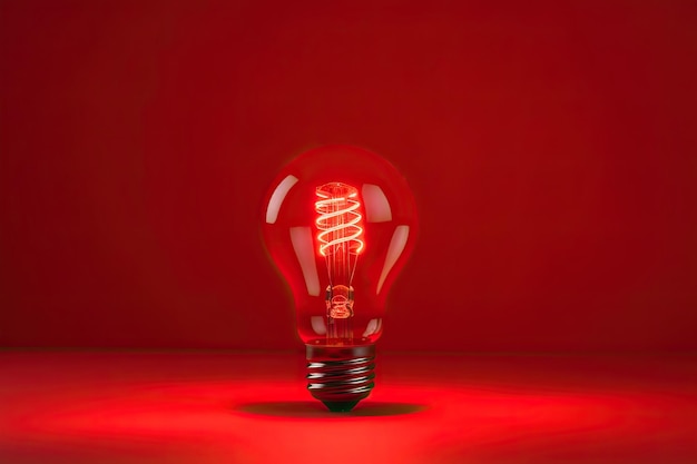 Creative Red Light Bulb Idea Minimal Pastel Design on Red Background Front View and Copy Space