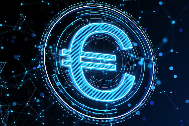 Креативная круглая монета евро и голограмма многоугольной сетки на темном фоне. Концепция цифровых денег и финансов 3D рендеринг