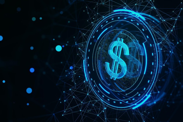 creative round futuristic dollar sign on dark polygonal background crypto online banking digital transformation and finance concept 3d rendering