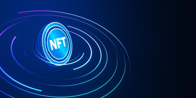 デジタル・ブルー・バックグラウンドのクリエイティブ・ラウンド・NFTホログラム (Nonfungible Token and Digital Blockchain Artwork Concept) 3Dレンダリング