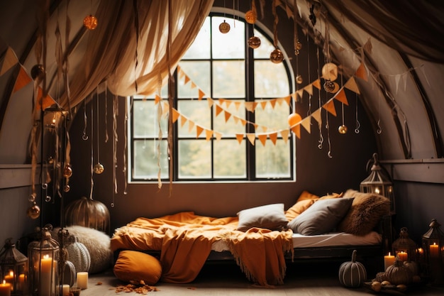 Creative rural interior of room decorated for Halloween with flags pumpkins and candles