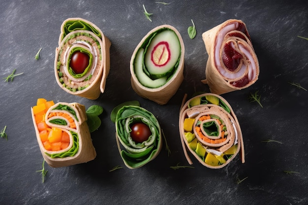 Foto rollup sandwich creativi con varie forme e trame di ripieno