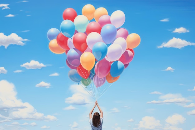 Creative scene with a hand holding a bunch of colorful balloons generative ai