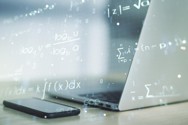 Photo creative scientific formula concept on modern laptop background multiexposure