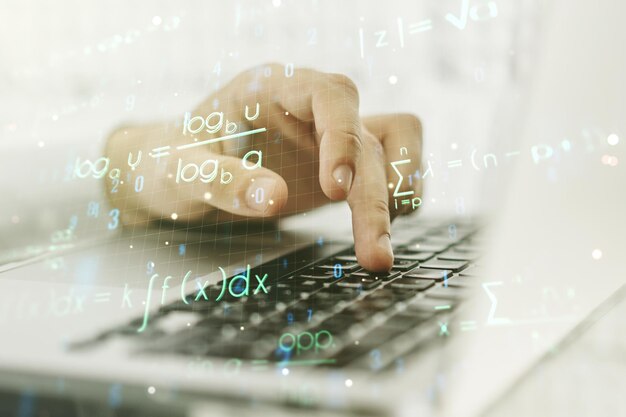 Photo creative scientific formula hologram with hands typing on computer keyboard on background research concept multiexposure