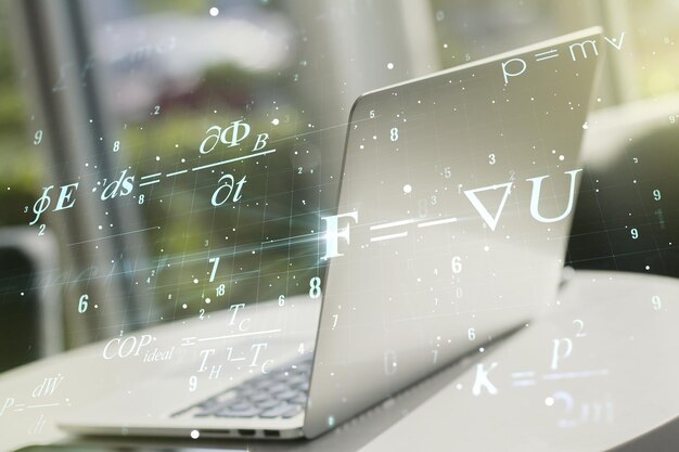 Creative scientific formula illustration on modern computer background science and research concept Multiexposure