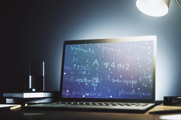 Creative scientific formula illustration on modern computer monitor science and research concept 3D Rendering