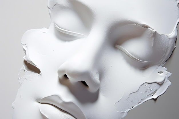 Creative selfcare concept White cosmetic clay mask in the shape of a woman's face on a white background Generated by AI