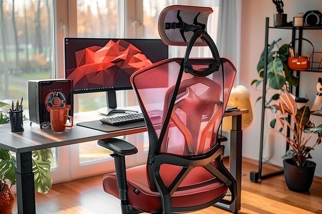 クリエイティブなセットアップで デュアルモニターと エルゴノミックな椅子