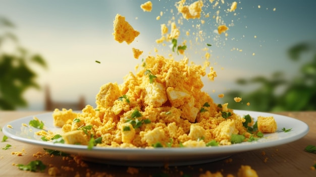 Photo a creative shot captures a tofu scramble cooked to perfection and garnished with a sprinkling of nutritional yeast resulting in a flavorful umami bomb that resonates with vegan cheese enthusiasts