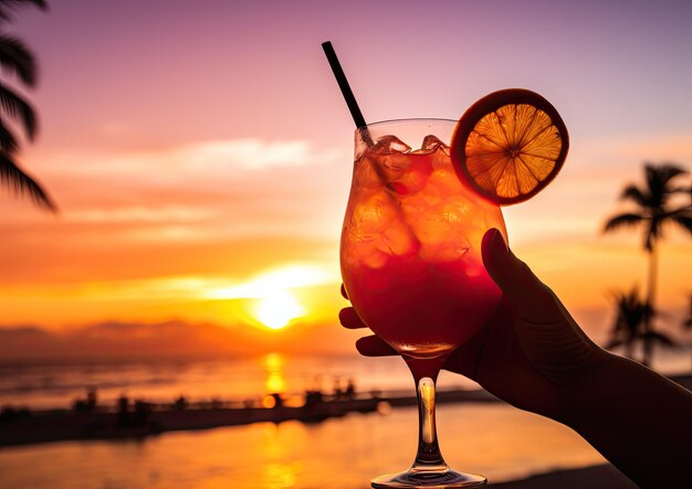 Foto uno scatto creativo di un cocktail tequila sunrise gustato al tramonto su una spiaggia tropicale il camer