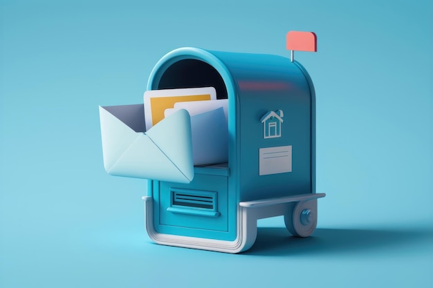Фото Креативный почтовый ящик смартфона с бумажной почтой на синем фоне ai generation
