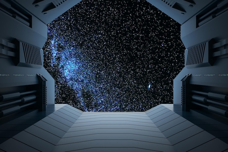 Photo 明るい星空の景色を望む創造的な宇宙船 モックアップの場所 宇宙とファンタジーの概念 3d レンダリング